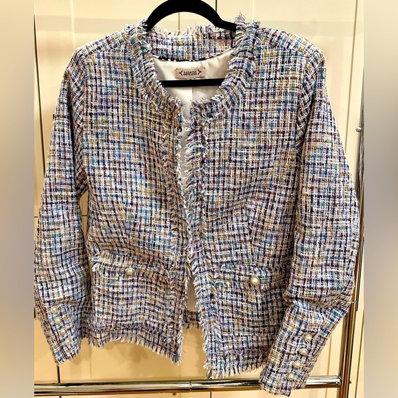 Nanette Lepore Jacket Blue shimmer tweed with pearl and crystal buttons Sz‎ M - Picture 1 of 6